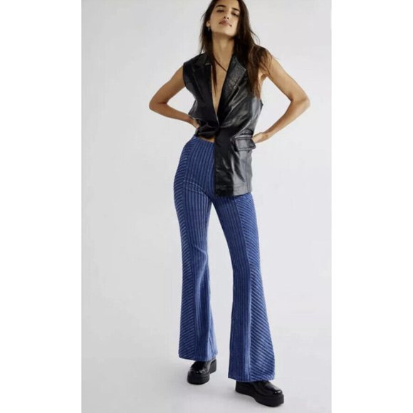 Free People Pants - Free People Slim Pull-On Velvet Flared Pants Blue Ribbed